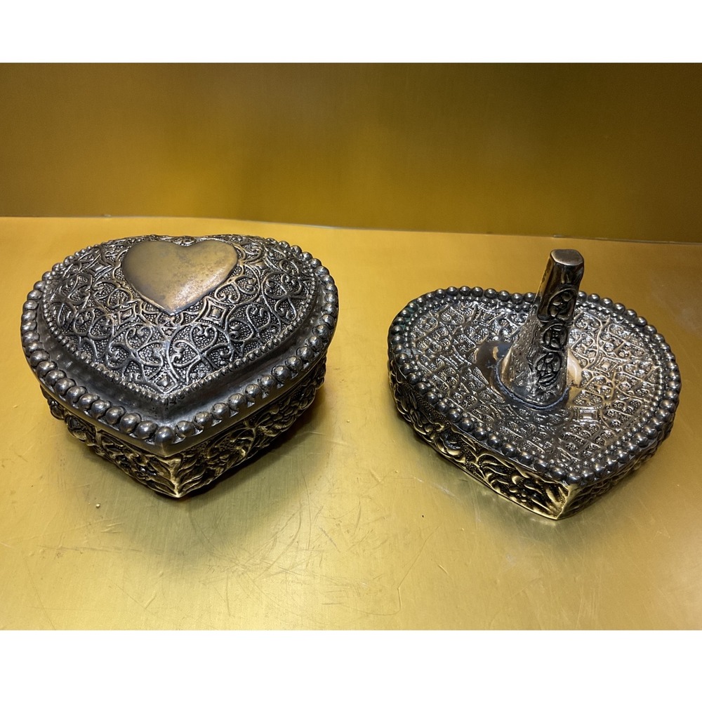 Vintage Heart Jewelry Box and Ring Holder Set Silver Tone Ornate Filigree